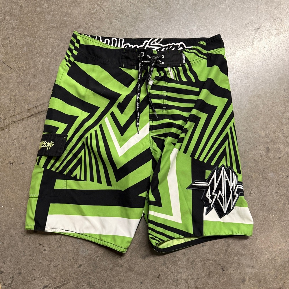 Maui and Sons Mens Board Shorts Size 32 Green Black Geometric Stripe Surf Trunks